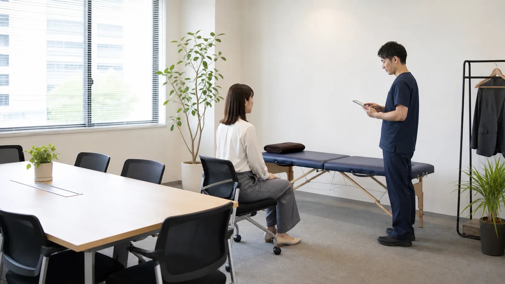 会議室の一角に簡易ベッドを設置した企業向けボディケアのイメージ