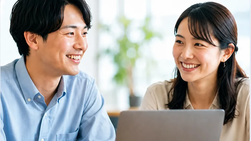 同僚と笑顔で話しながら働く従業員たちのイメージ