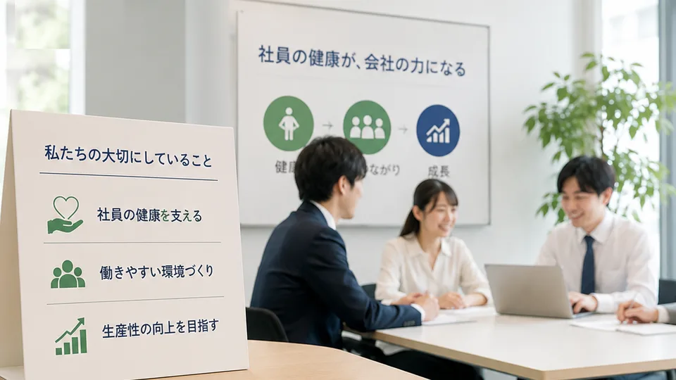 「社員の健康が、会社の力になる」と掲げた会議室で打ち合わせをする社員たちのイメージ