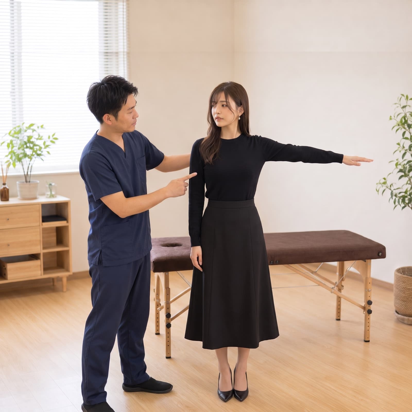 患者の肩や腕の動きを確認している検査の様子