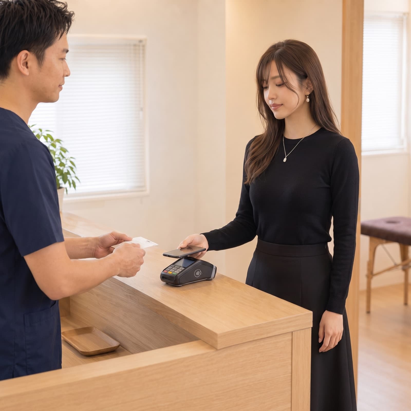 施術後に受付で会計をしている様子