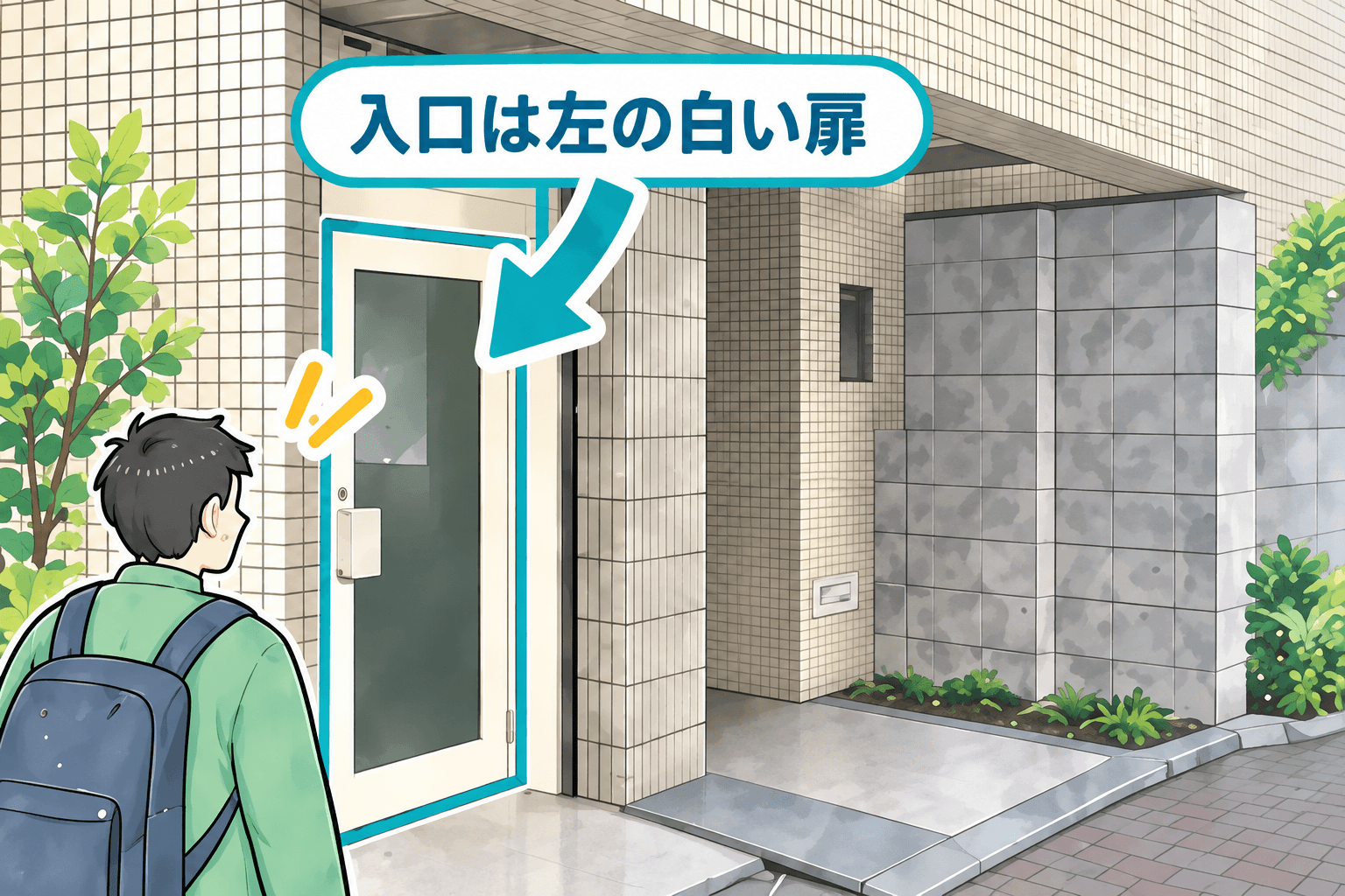 みさき接骨院の入口は左側の白い扉。右側の奥の通路には入らないことを示すイラスト