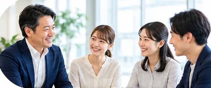 オフィスで笑顔で談笑する従業員のイメージ