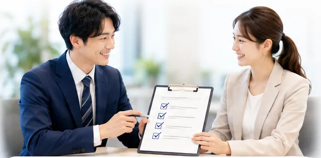 担当者と企業のご担当者が、利用条件を一緒に確認しているイメージ