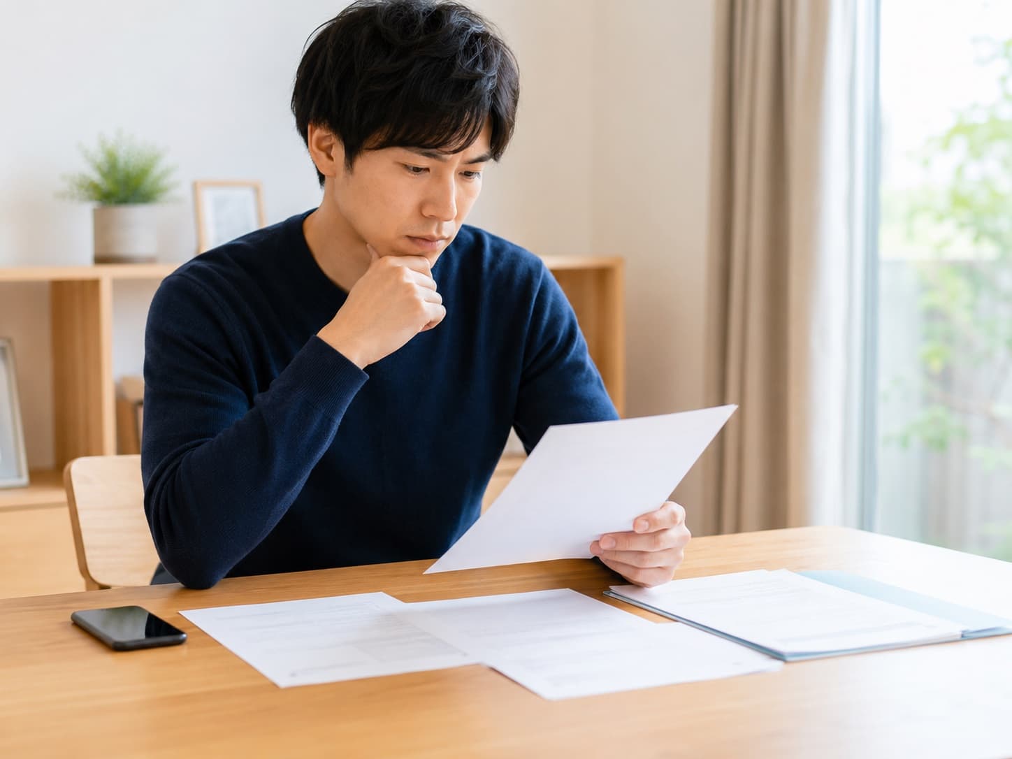 自宅でスマートフォンと保険の書類を手に契約内容を確認している男性