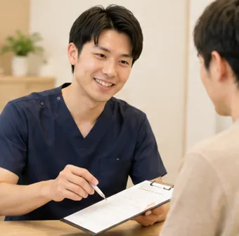 書類を示しながら手続きの説明をする施術者