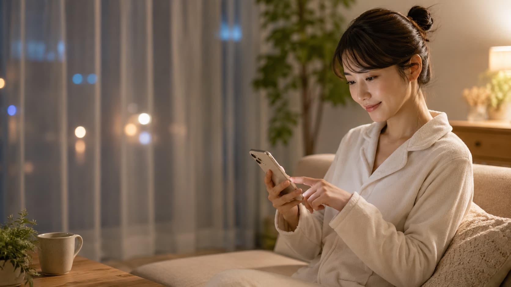 夜、自宅のソファでスマートフォンから相談している女性