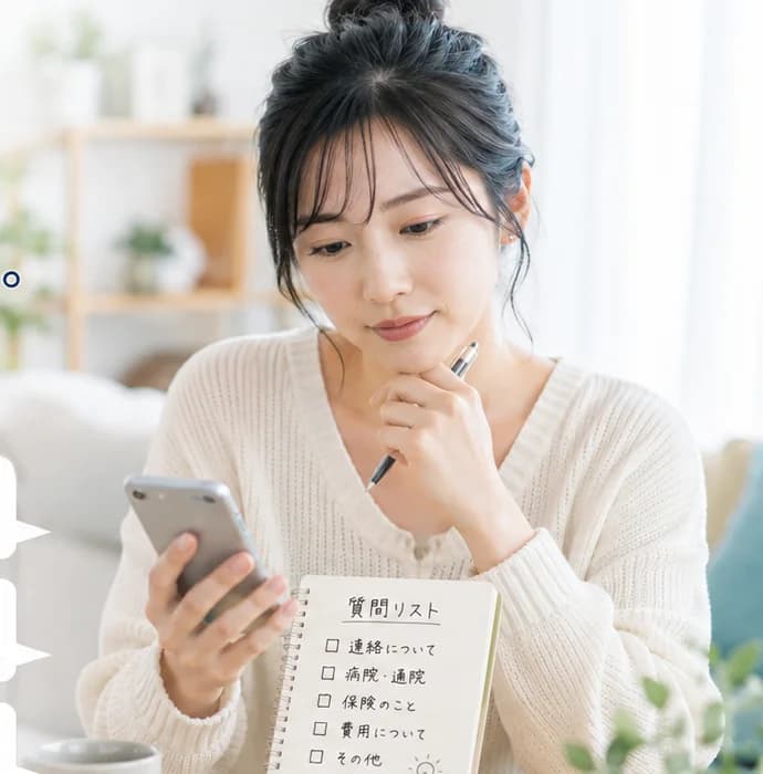ノートに質問リストを書きながらスマートフォンで相談内容を確認している女性